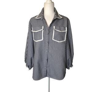 Reveuse Cotton Blend  Button-up Shirt Vertical‎ Navy White Stripes Puff-sleeve